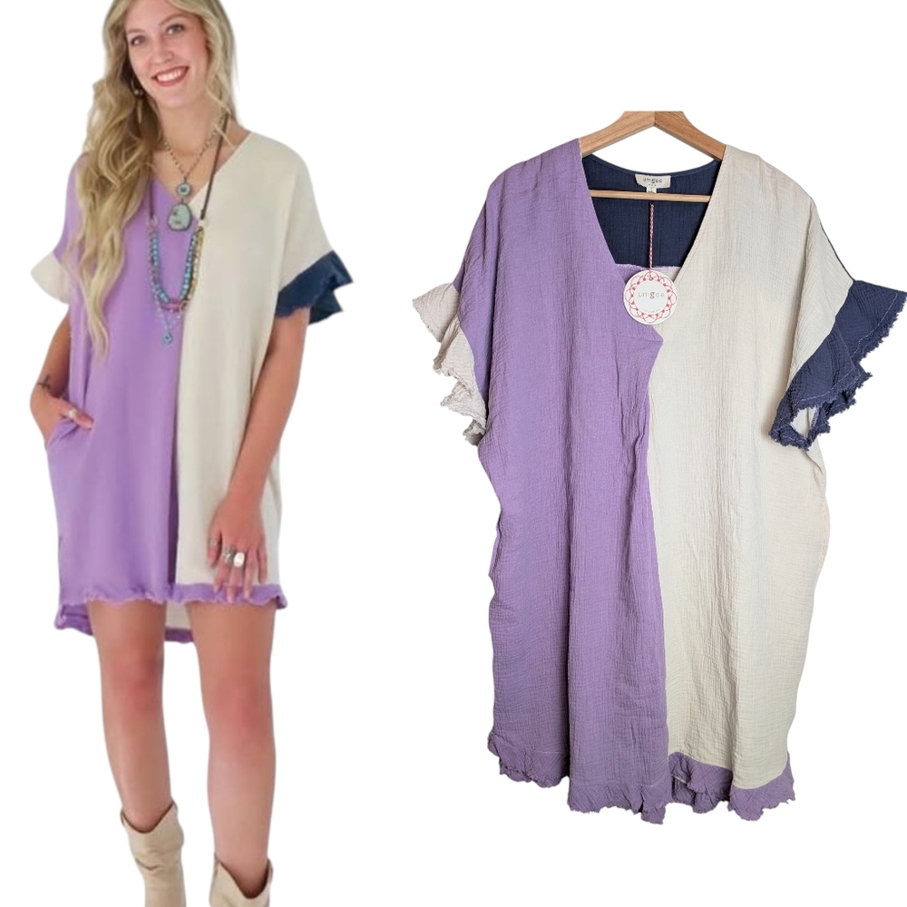 NWT Umgee Gauze Color Block Cotton Dress Purple Size S Lagenlook Cottagecore